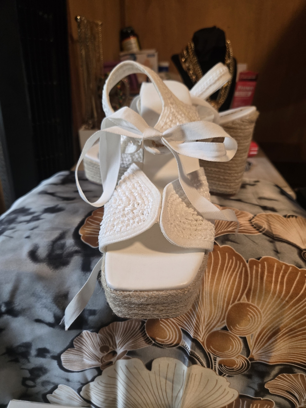 Public Desire White Crochet Espadrille Platform Sandals with Ankle Tie